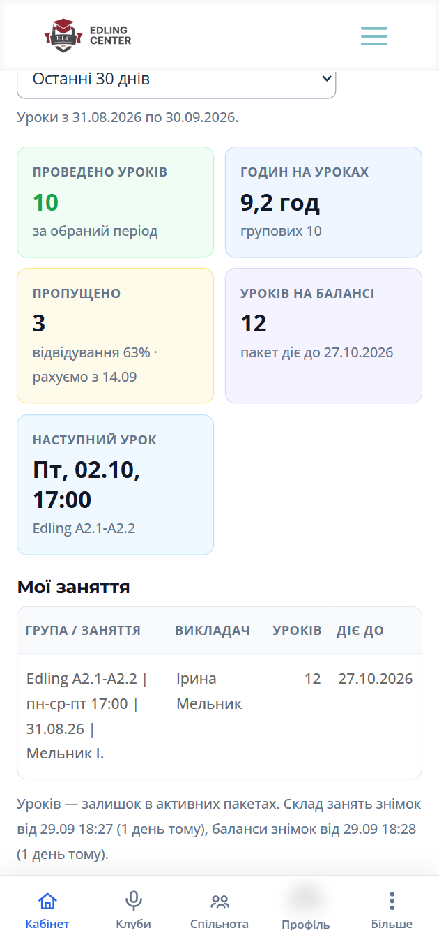 Блок «Уроки» на телефоні: проведені уроки, години, пропуски, баланс і наступний урок